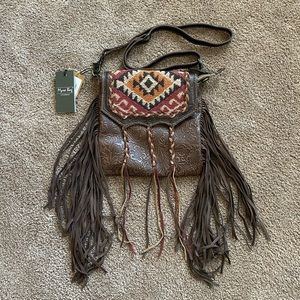 Aztec Motif Leather & Hairon Fringe Bag